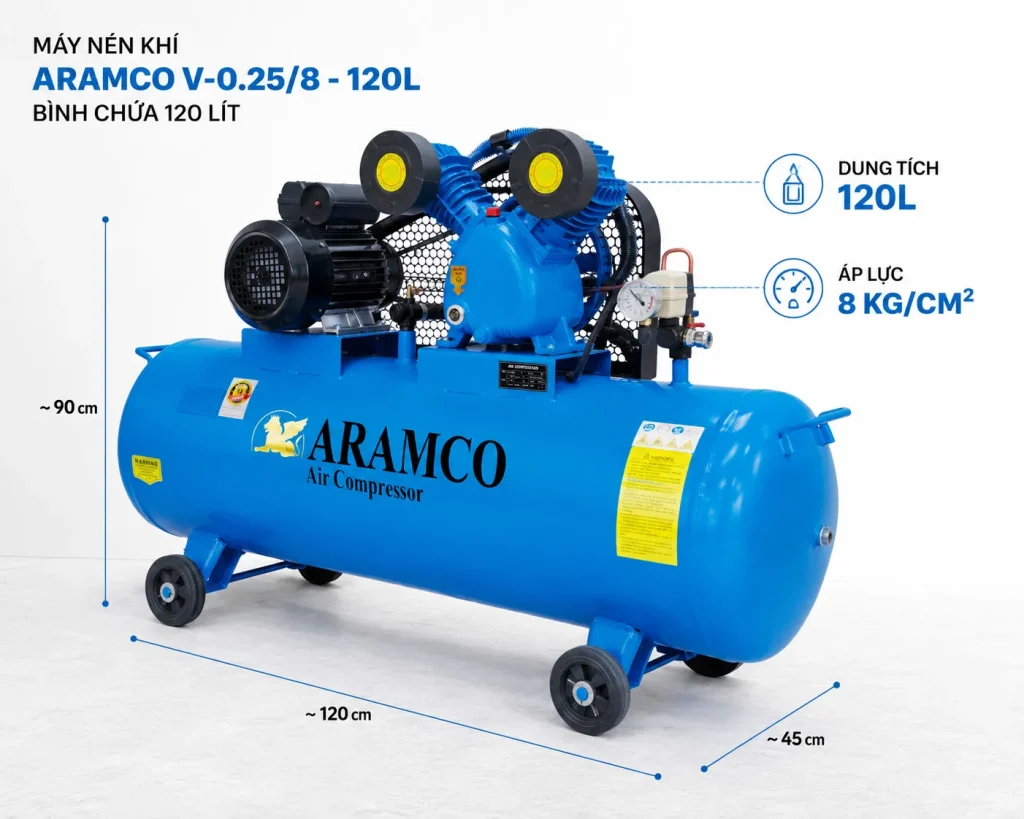 Máy nén khí 120L với bình chứa dung tích lớn giúp cung cấp khí nén ổn định