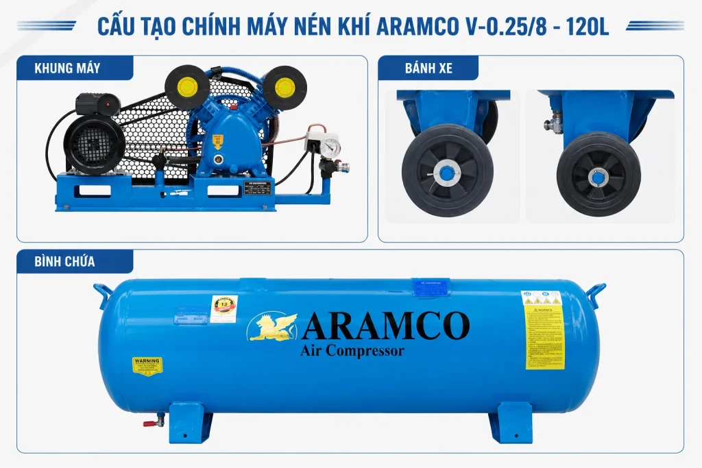 Khung thép chắc chắn giúp máy nén khí 120L vận hành bền bỉ