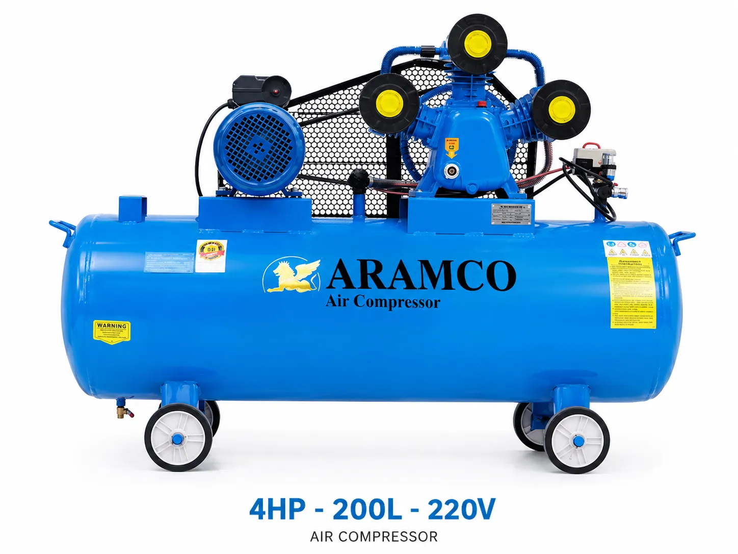 Máy nén khí ARAMCO 4HP-200L-220V truyền động dây đai, bình chứa 200L.