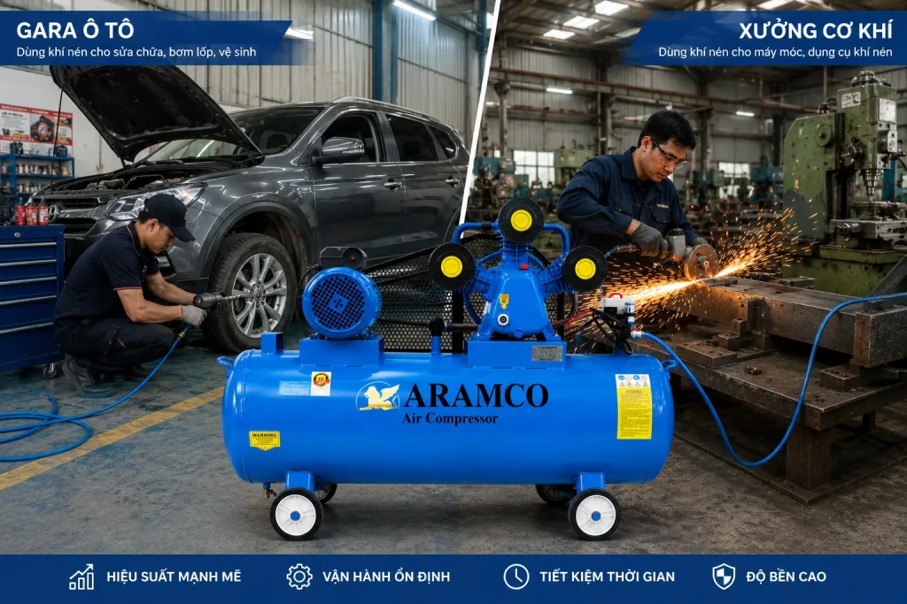 Máy nén khí loại nhỏ ứng dụng trong gara sửa chữa xe máy và ô tô