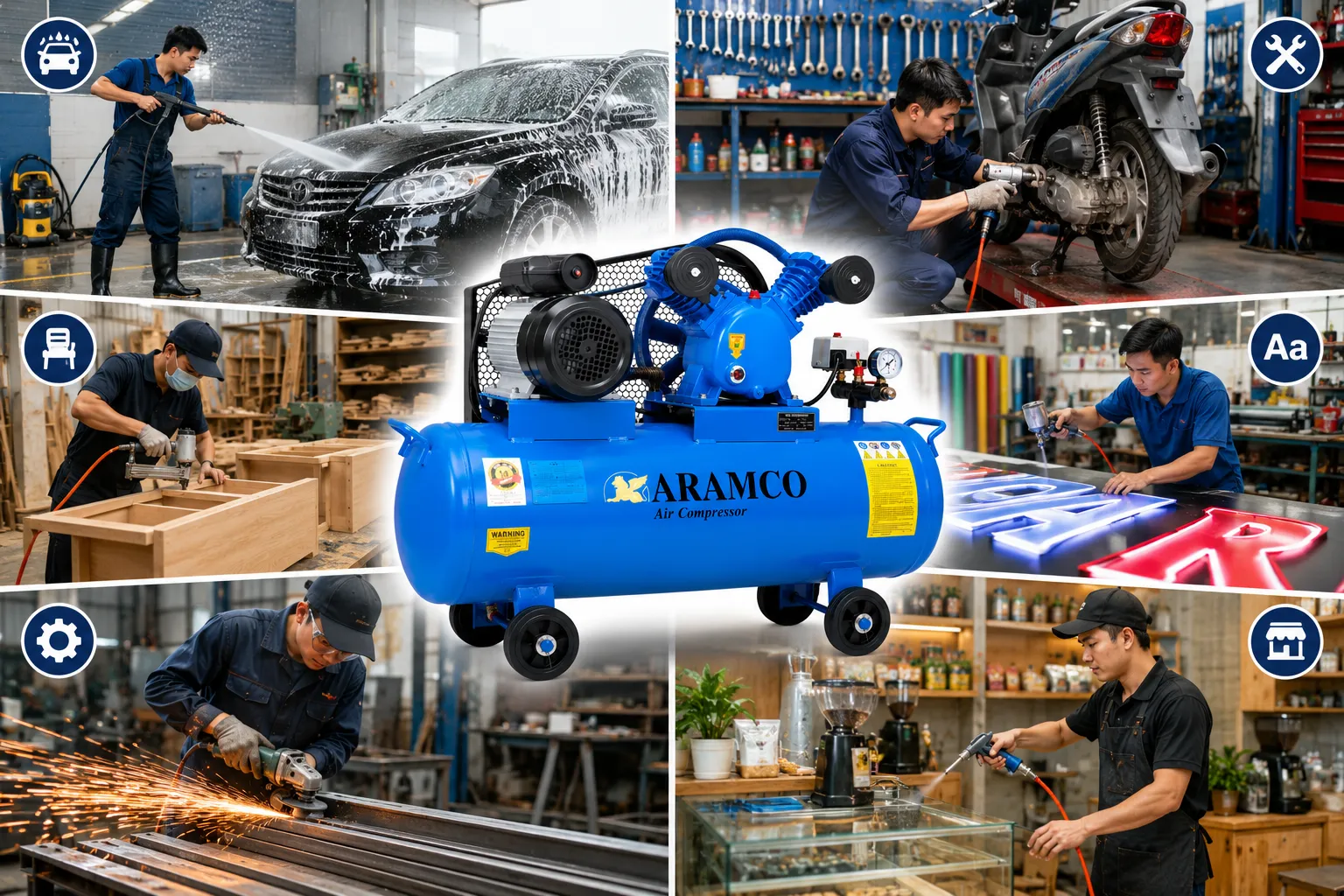 Máy đáp ứng tốt nhu cầu của tiệm rửa xe, sửa xe, xưởng nội thất và gia công cơ khí.