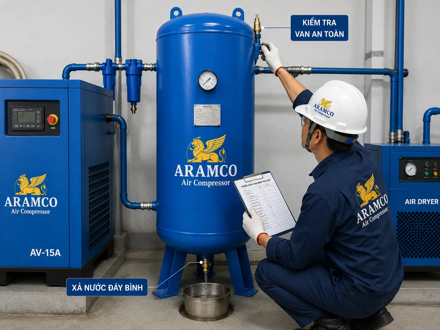 Kiểm tra và bảo dưỡng định kỳ giúp kéo dài tuổi thọ bình tích khí 300L.