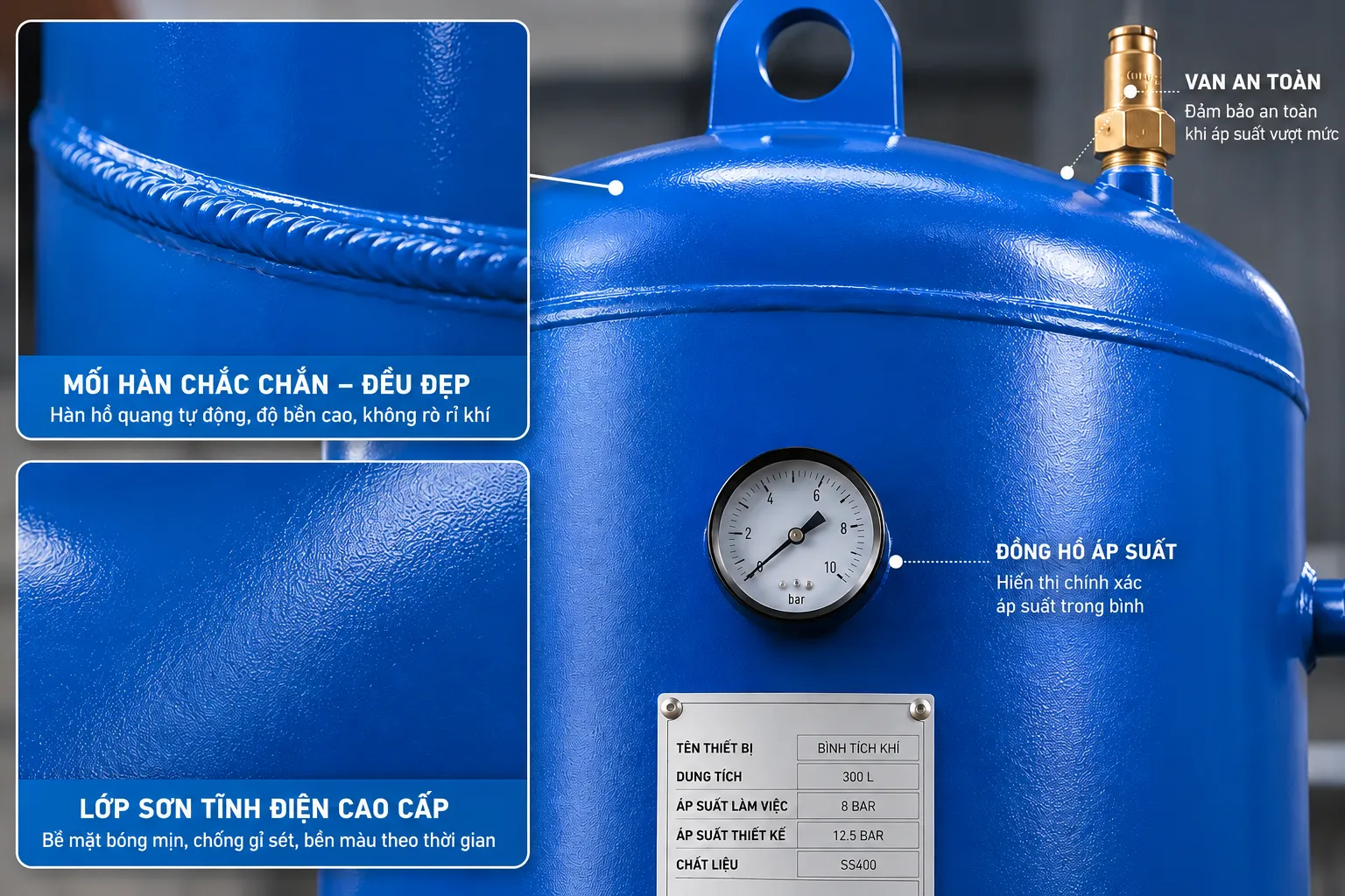 Kết cấu hàn chắc chắn và lớp sơn tĩnh điện giúp tăng độ bền cho bình tích khí 300L.