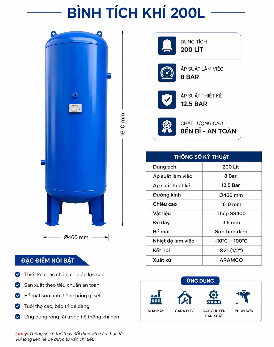 Thông số kỹ thuật bình tích khí 200L áp suất 8 Bar