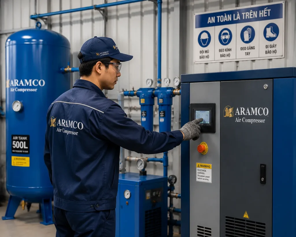 Hệ thống khí nén sử dụng bình tích khí 500L giúp duy trì áp suất ổn định trong sản xuất