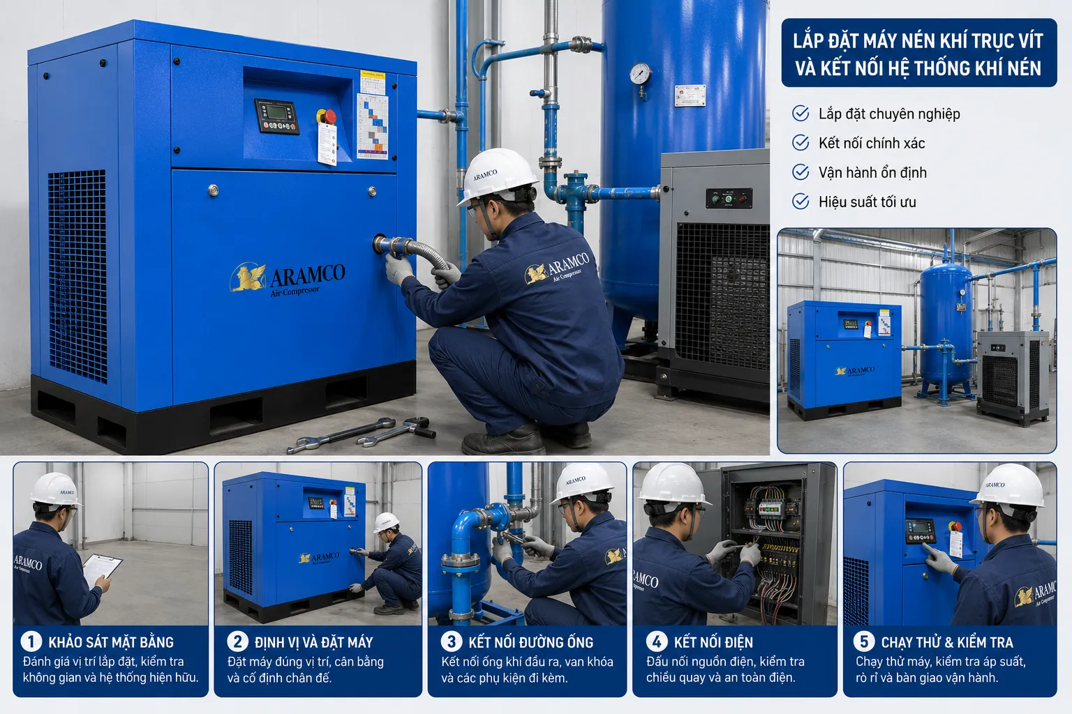 Lắp đặt máy nén khí trục vít 50HP đúng kỹ thuật