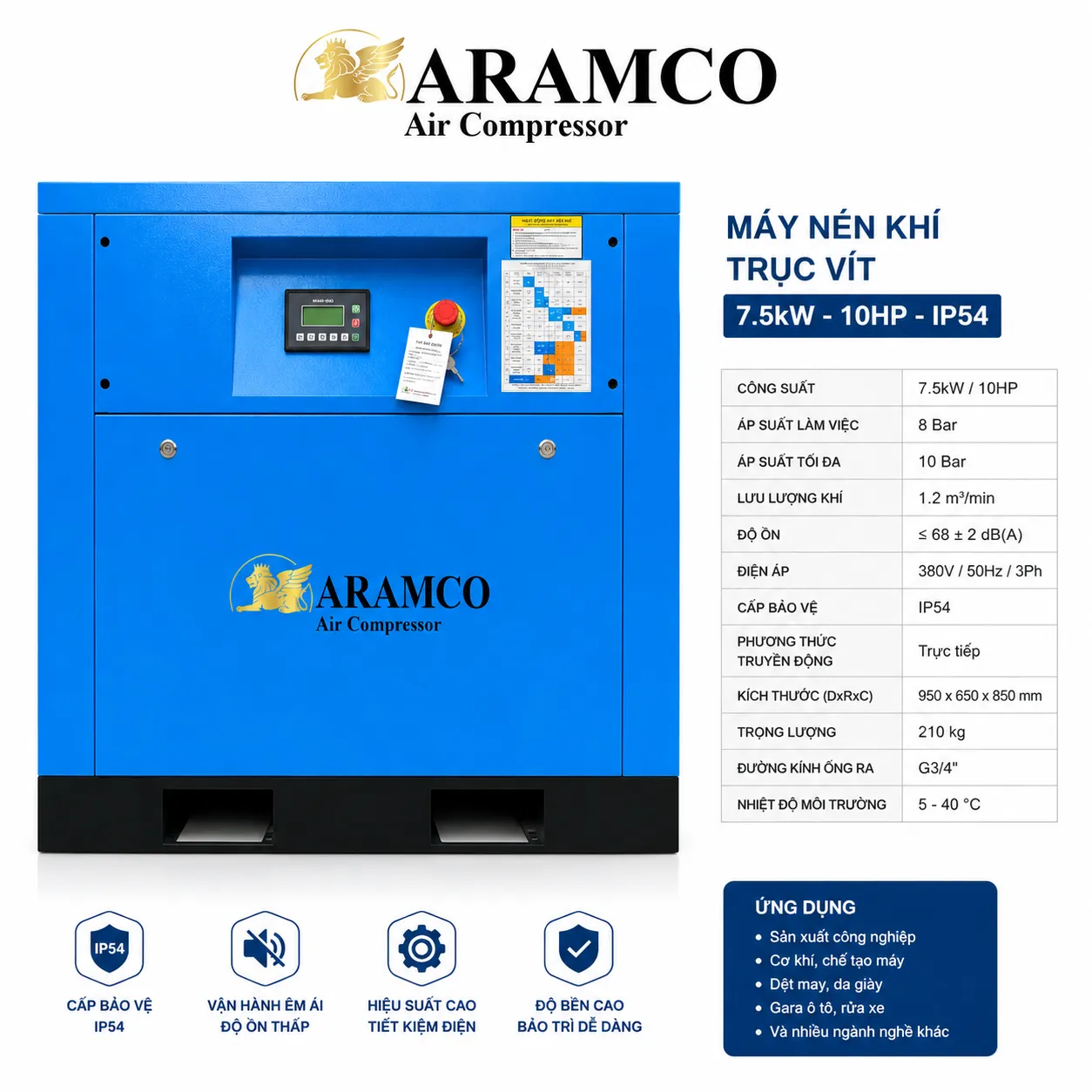 Máy Nén Khí Trục Vít Cơ 7.5kw 10HP - IP54 13 Thông số kỹ thuật giúp người dùng lựa chọn máy nén khí phù hợp với nhu cầu sử dụng.