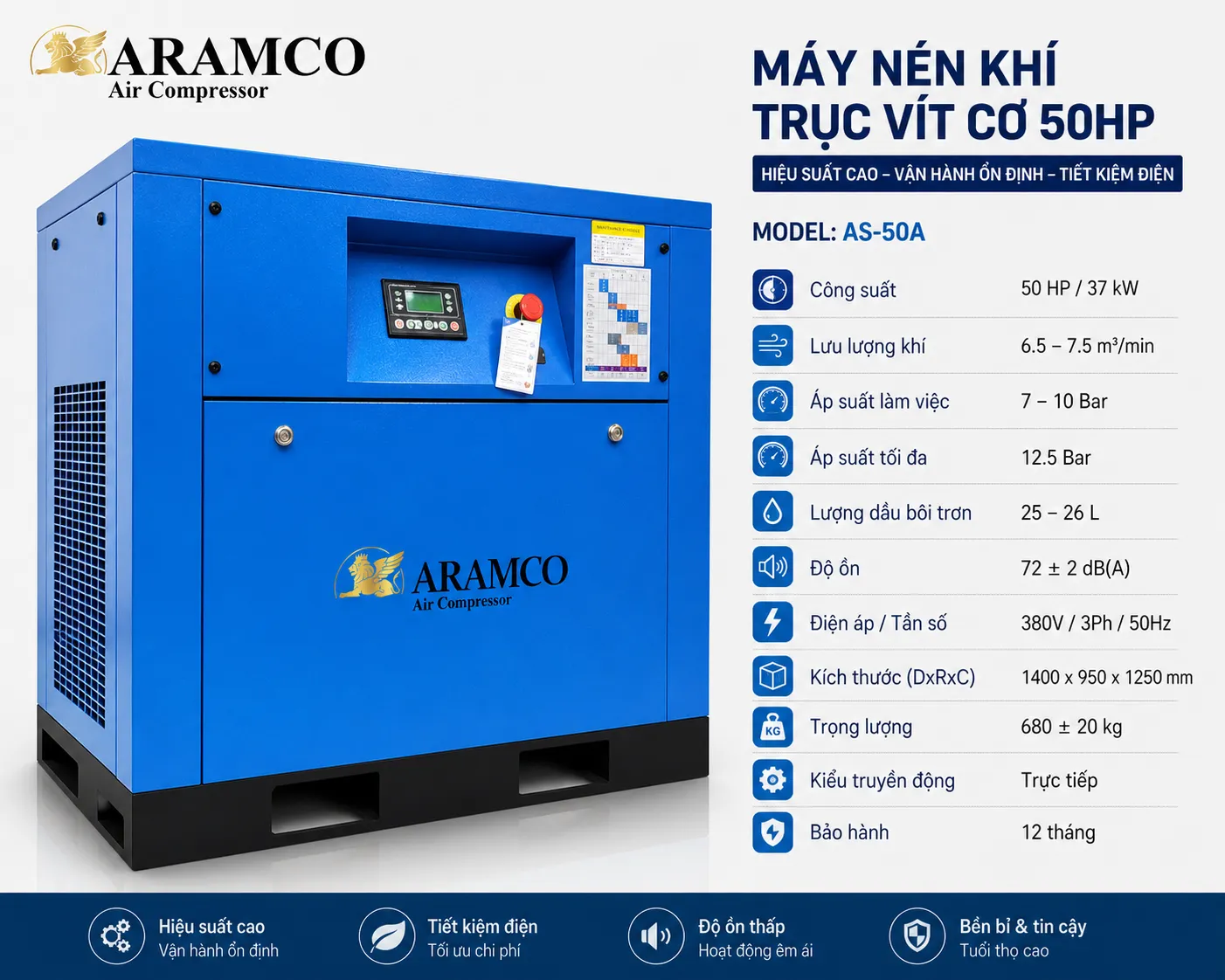Thông số kỹ thuật máy nén khí trục vít cơ 50HP