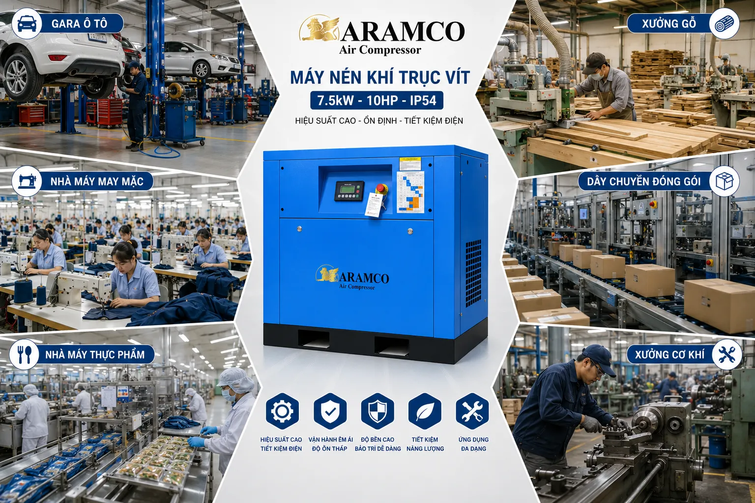 Máy Nén Khí Trục Vít Cơ 7.5kw 10HP - IP54 16 Máy nén khí trục vít được ứng dụng trong nhiều lĩnh vực sản xuất