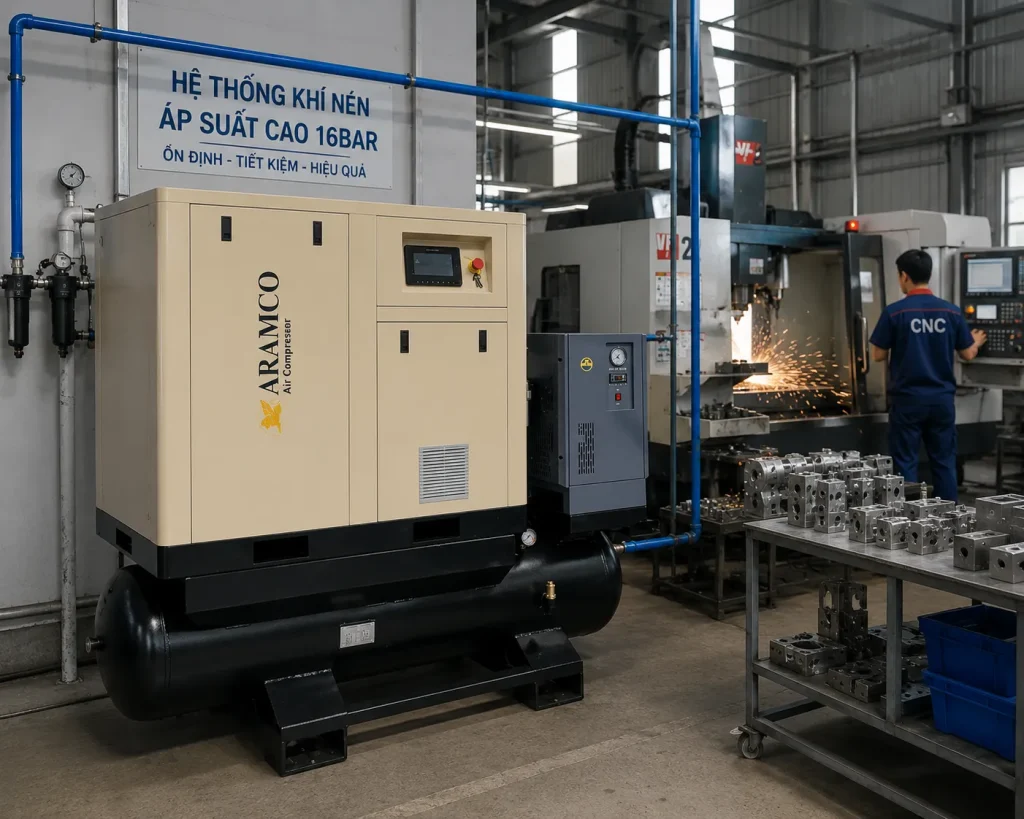 Máy nén khí trục vít ARAMCO vận hành ổn định trong môi trường sản xuất công nghiệp.