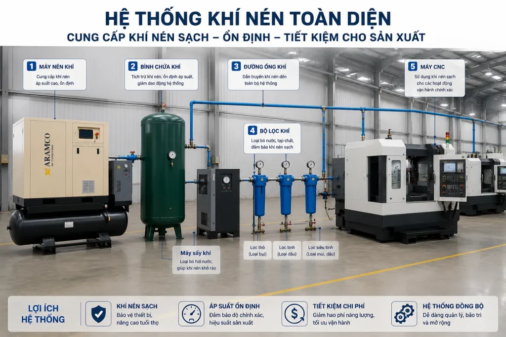 Một hệ thống khí nén hoàn chỉnh giúp nâng cao hiệu suất và kéo dài tuổi thọ thiết bị.