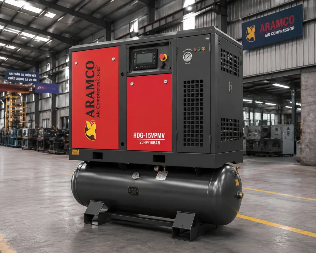 Máy Nén Khí Trục Vít Tổ Hợp Cao Áp 20HP 16Bar Chính Hãng, Bền Bỉ 16 Máy nén khí trục vít tổ hợp cao áp 20HP 16bar vận hành trong nhà máy công nghiệp hiện đại