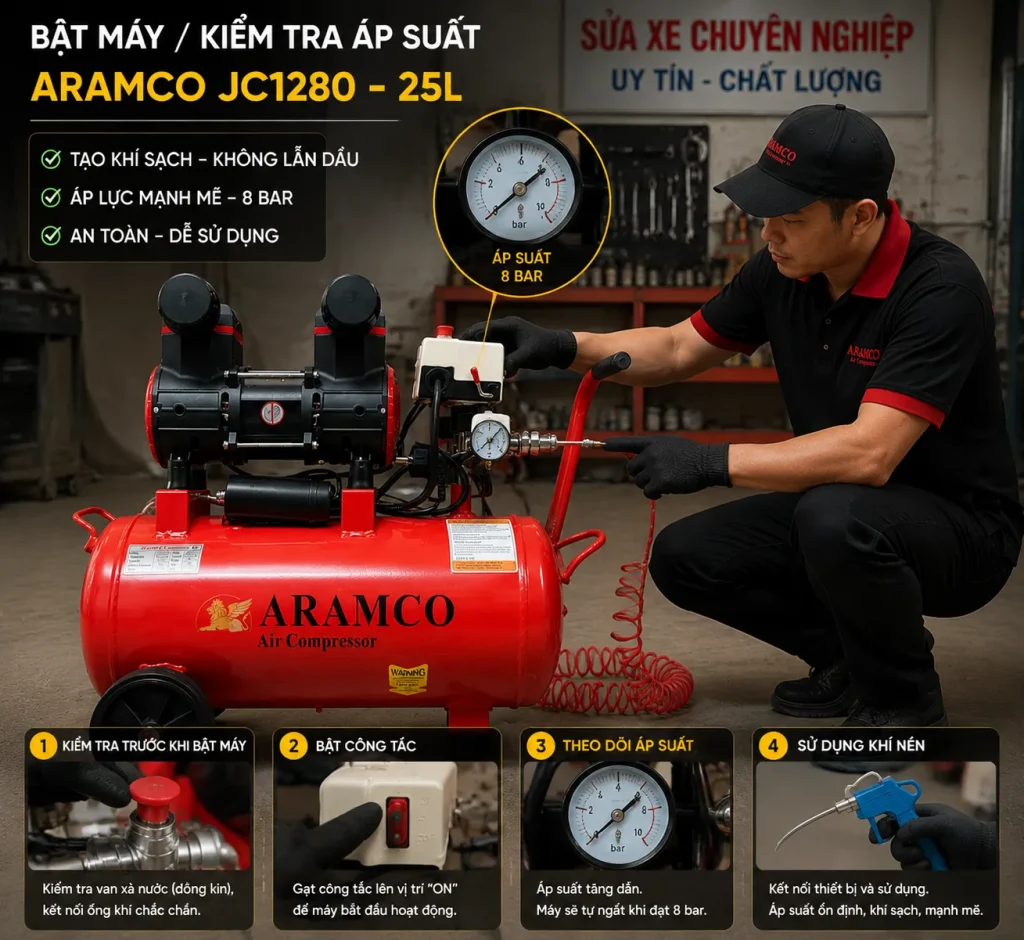 Hướng dẫn sử dụng máy nén khí Aramco JC1280 - 25L đúng cách, an toàn và hiệu quả