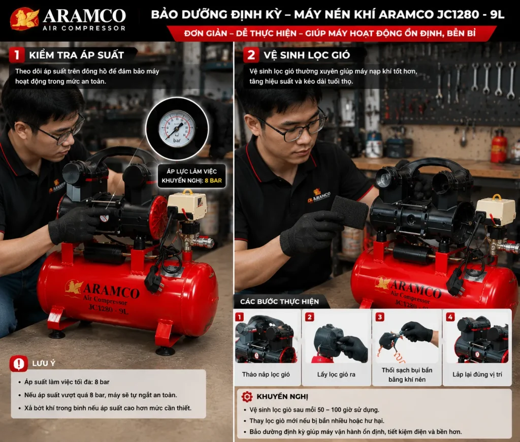 Hướng dẫn bảo dưỡng máy nén khí không dầu Aramco JC1280 - 9L đúng cách