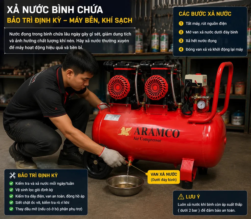 Xả nước định kỳ giúp máy nén khí không dầu Aramco hoạt động ổn định và bền hơn