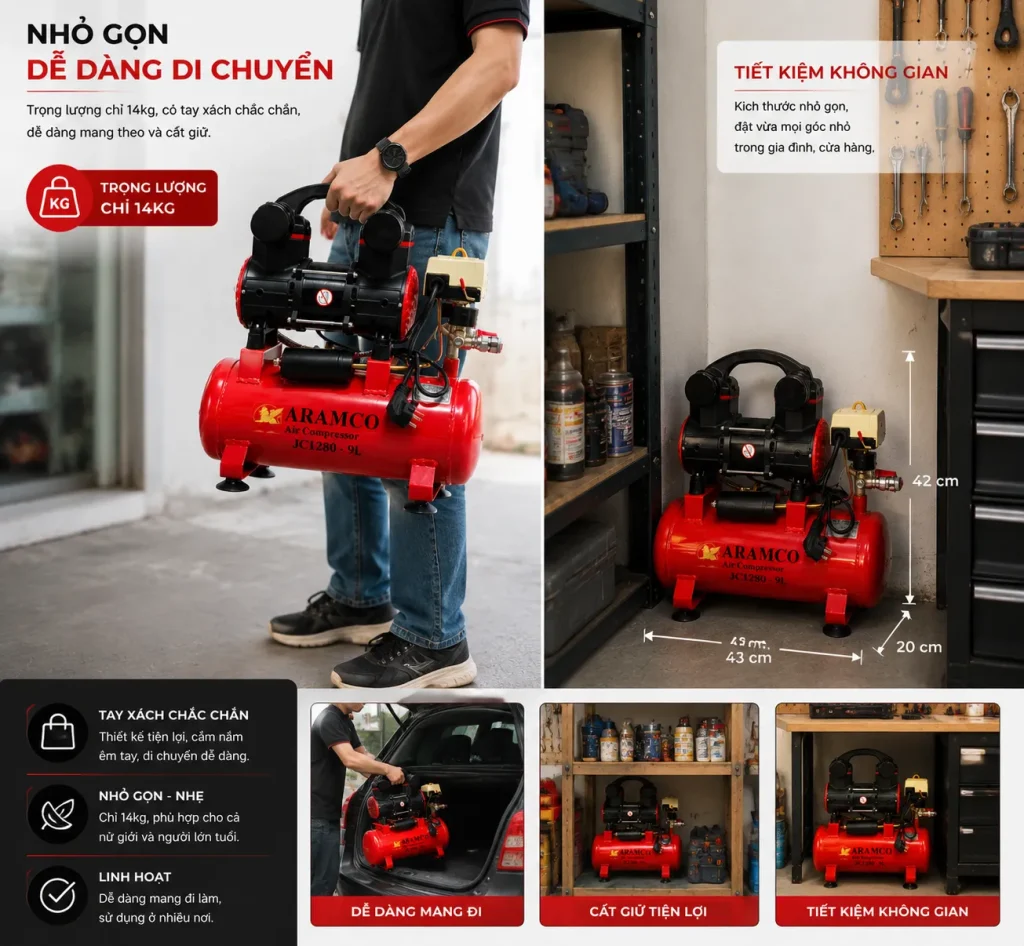 Thiết kế nhỏ gọn 14kg giúp máy dễ dàng di chuyển