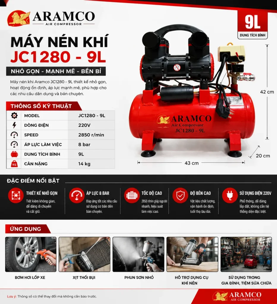 Thông số kỹ thuật máy nén khí Aramco JC1280 - 9L 220V 8 bar