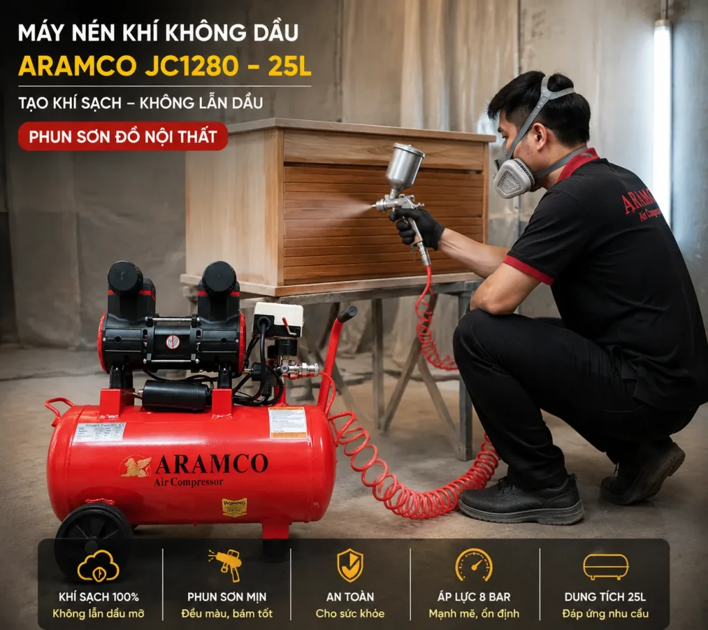 Ứng dụng trong xưởng mộc: máy nén khí không dầu Aramco JC1280 - 25L hỗ trợ súng bắn đinh và phun sơn