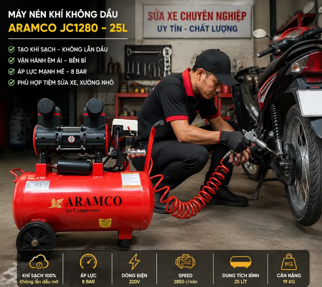 Máy nén khí không dầu Aramco JC1280 - 25L vận hành êm ái, phù hợp môi trường làm việc nhỏ