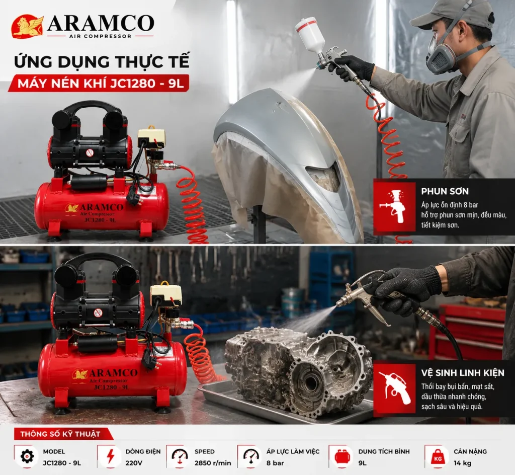 Máy nén khí không dầu Aramco JC1280 - 9L cung cấp khí sạch cho phun sơn