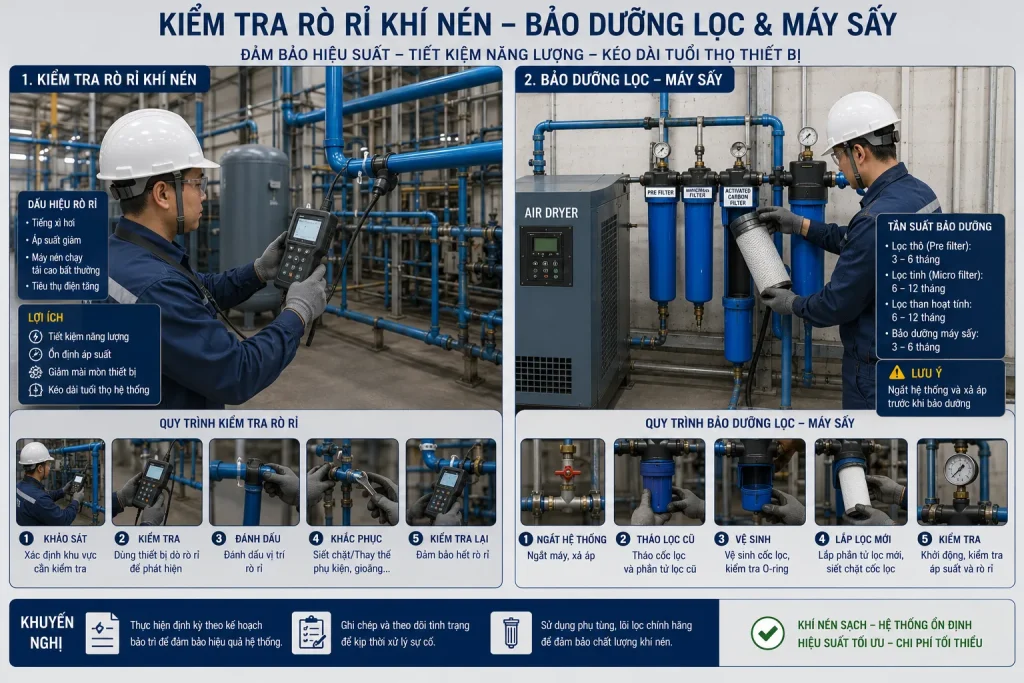 Bảo trì định kỳ hệ thống khí nén giúp phát hiện rò rỉ và giữ hiệu suất vận hành tối ưu