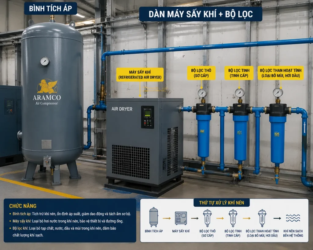 Bình tích áp và hệ thống xử lý khí nén – làm nhiệm vụ ổn định áp suất và loại bỏ hơi nước, tạp chất trước khi phân phối.