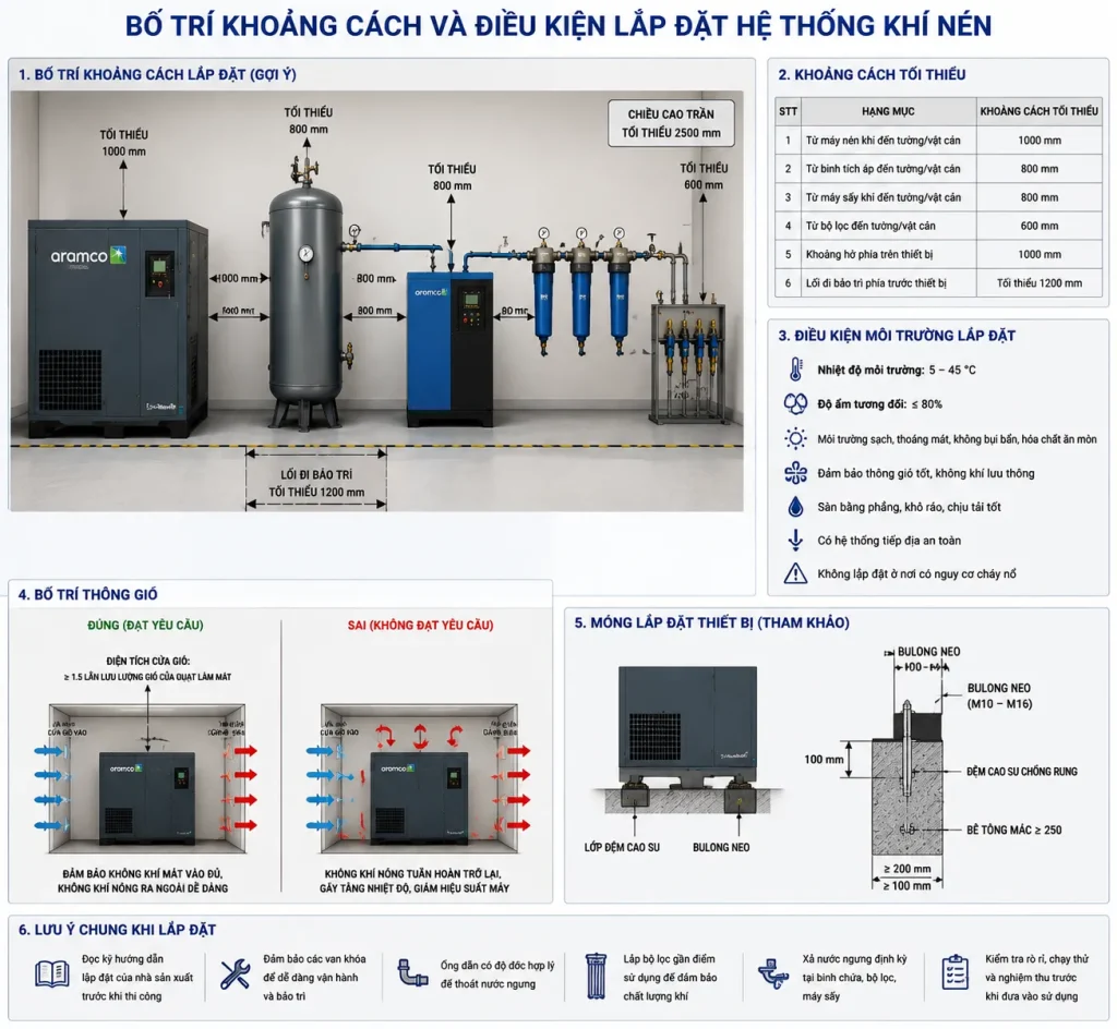 Thiết kế vị trí đặt máy nén khí đảm bảo không gian thông gió và thuận tiện bảo trì.