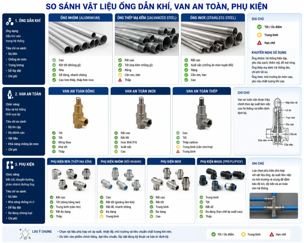 vật liệu đường ống và phụ kiện khí nén đảm bảo an toàn, độ bền và hiệu suất.