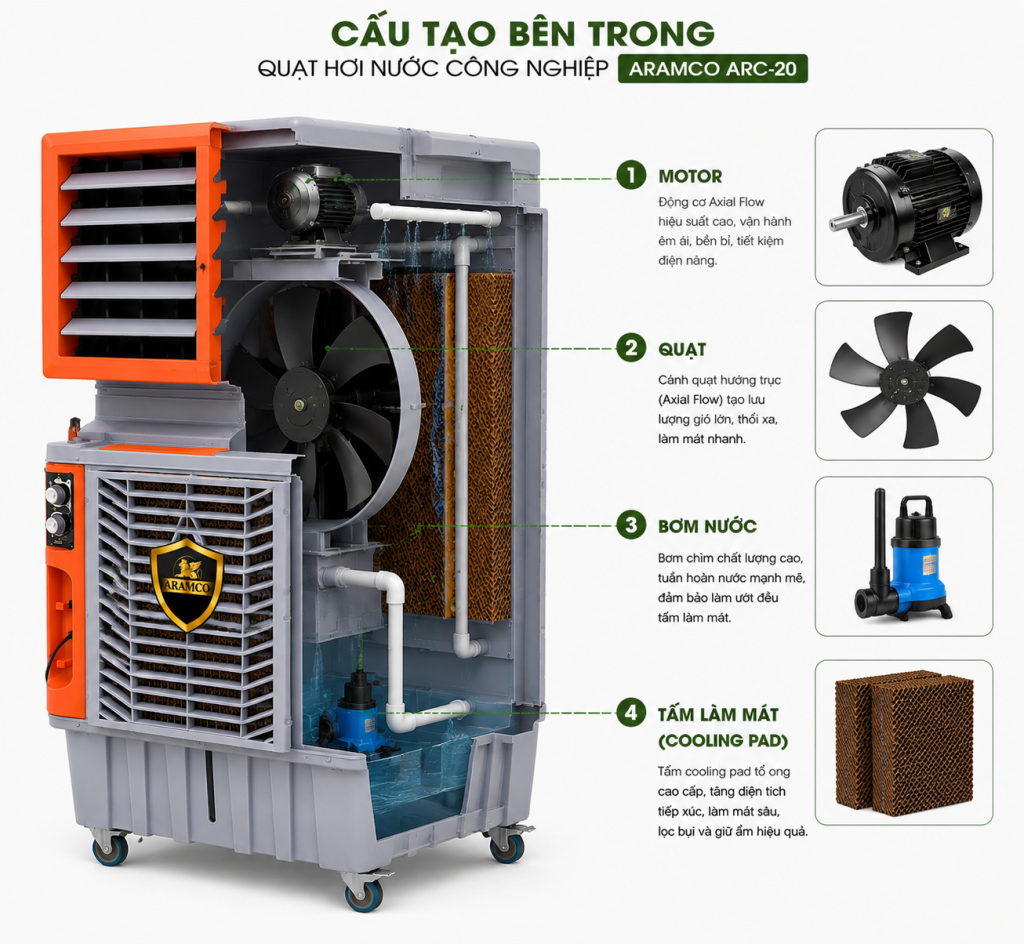Cấu tạo bên trong Quạt Hơi Nước Công Nghiệp ARAMCO ARC-20 với động cơ axial flow và tấm làm mát bay hơi
