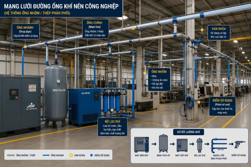 Mạng lưới đường ống phân phối khí nén trong nhà máy, dẫn khí từ nguồn đến các điểm sử dụng.