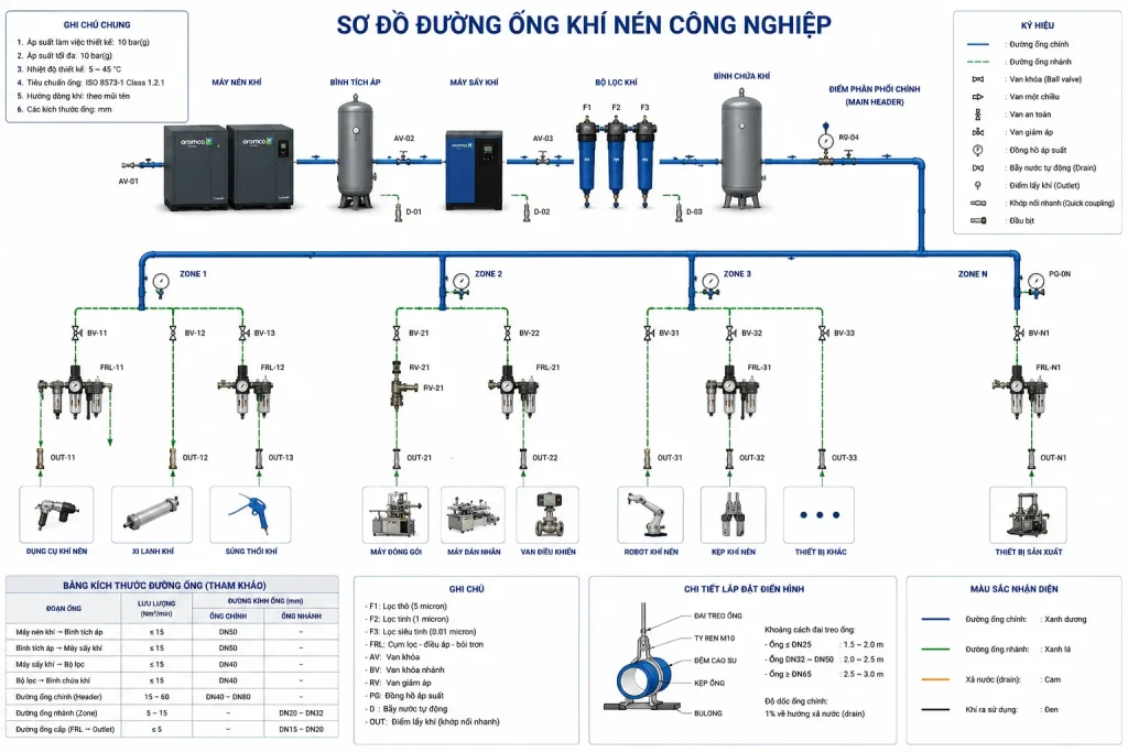 Sơ đồ bố trí đường ống khí nén — nguyên tắc ngắn, ít co nối, thuận tiện thoát nước.