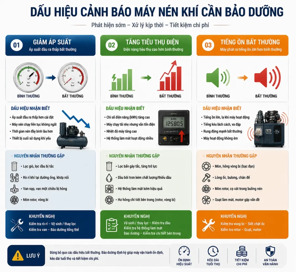máy nén khí hoạt động với biểu đồ hiệu suất giảm và tiếng ồn/tăng điện năng