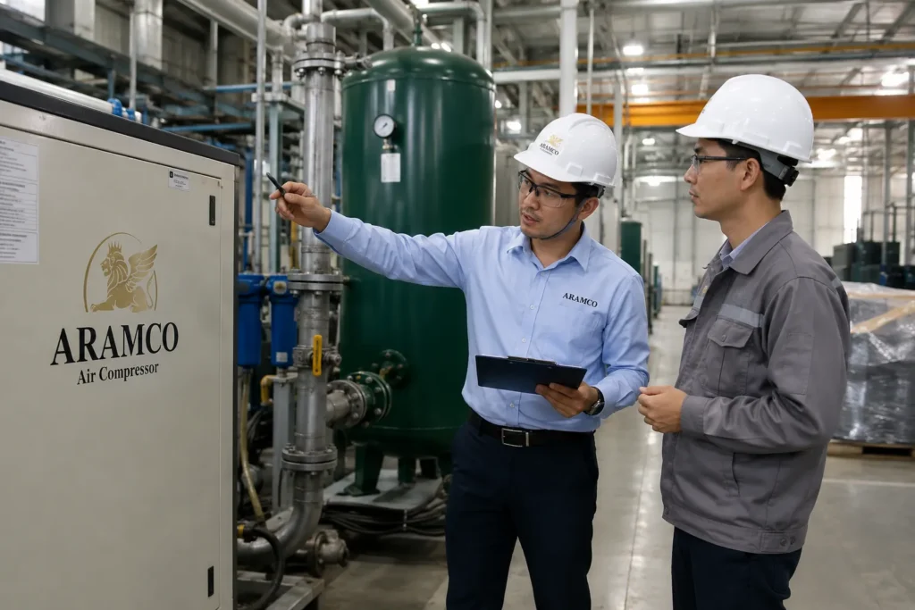 Máy nén khí công nghiệp — thiết bị khí nén thường được bảo trì định kỳ để đảm bảo hiệu suất và tuổi thọ.