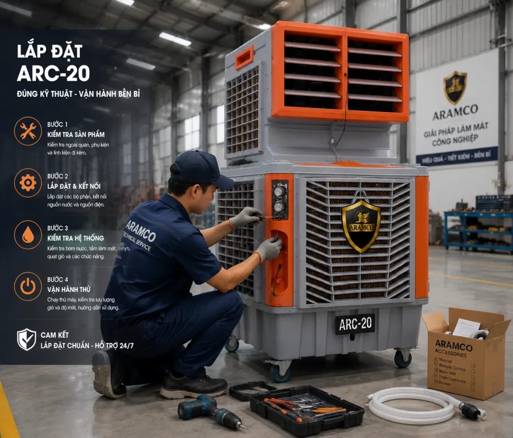 Kỹ thuật viên lắp đặt Quạt Hơi Nước Công Nghiệp ARAMCO ARC-20 tại nhà xưởng