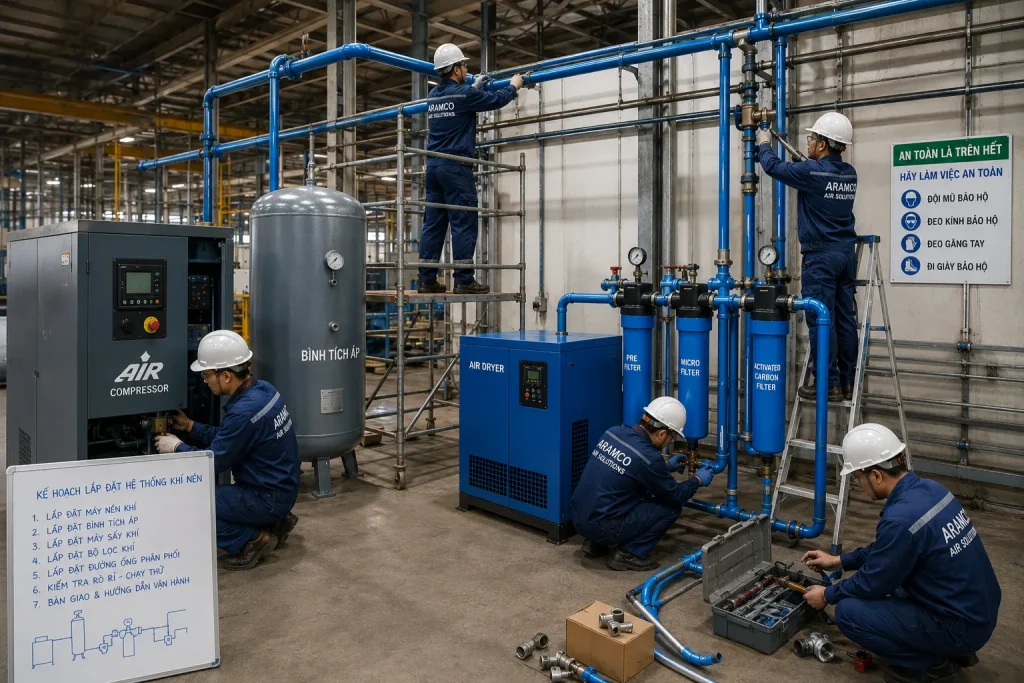 Lắp đặt thực tế Hệ Thống Khí Nén – kết nối máy nén, bình chứa, máy sấy và đường ống.