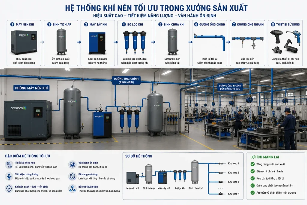 Hệ thống khí nén Aramco được lắp đặt chuẩn kỹ thuật giúp nâng cao hiệu suất và giảm chi phí.