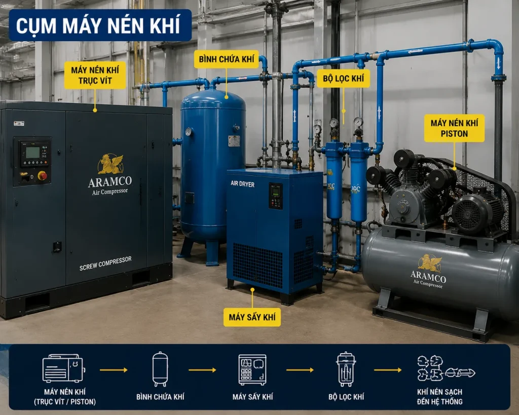 Máy nén khí – thiết bị chính tạo khí nén cho toàn hệ thống.