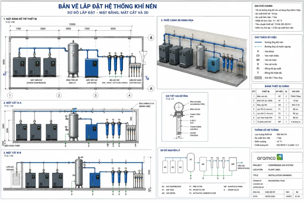 Bản vẽ kỹ thuật hình dung quá trình lắp đặt hệ thống máy nén khí và các thiết bị phụ trợ.