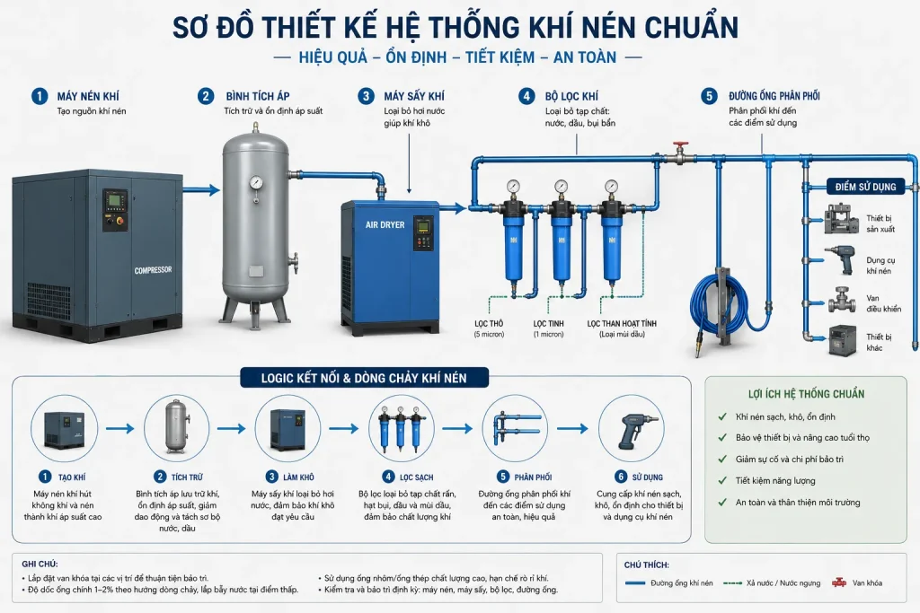 Sơ đồ quy trình thiết kế Hệ Thống Khí Nén theo chuẩn kỹ thuật công nghiệp.