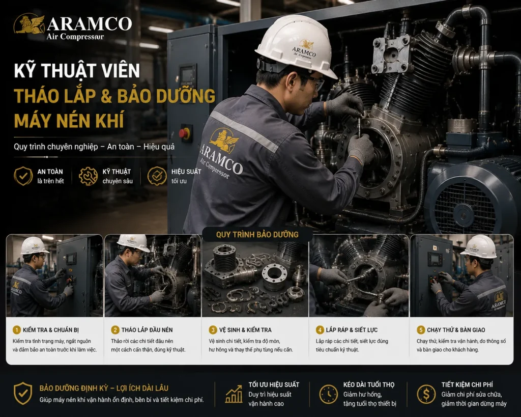 Quy trình sửa chữa máy nén khí bài bản giúp phát hiện và xử lý triệt để các sự cố phát sinh.