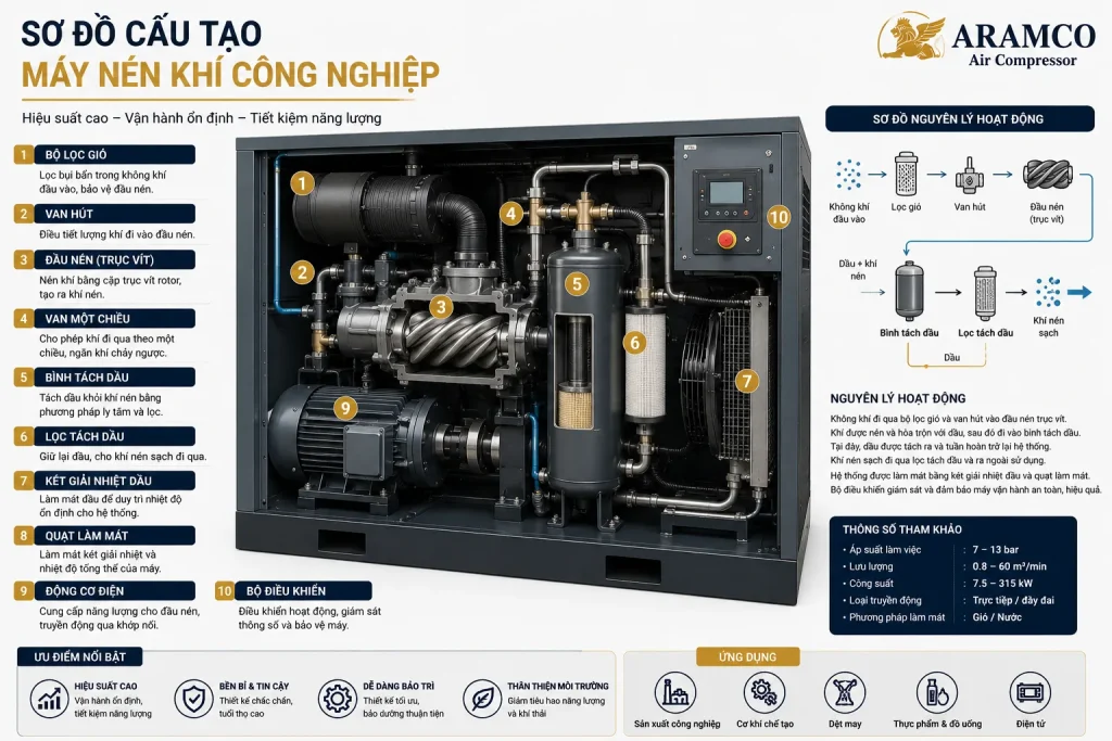 Hình ảnh sơ đồ cấu tạo máy nén khí công nghiệp