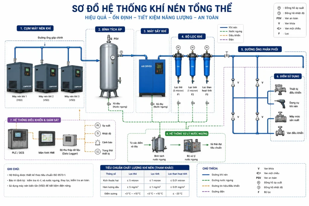 Sơ đồ tổng thể hệ thống khí nén: máy nén — bình chứa — máy sấy — bộ lọc — tới thiết bị sản xuất.