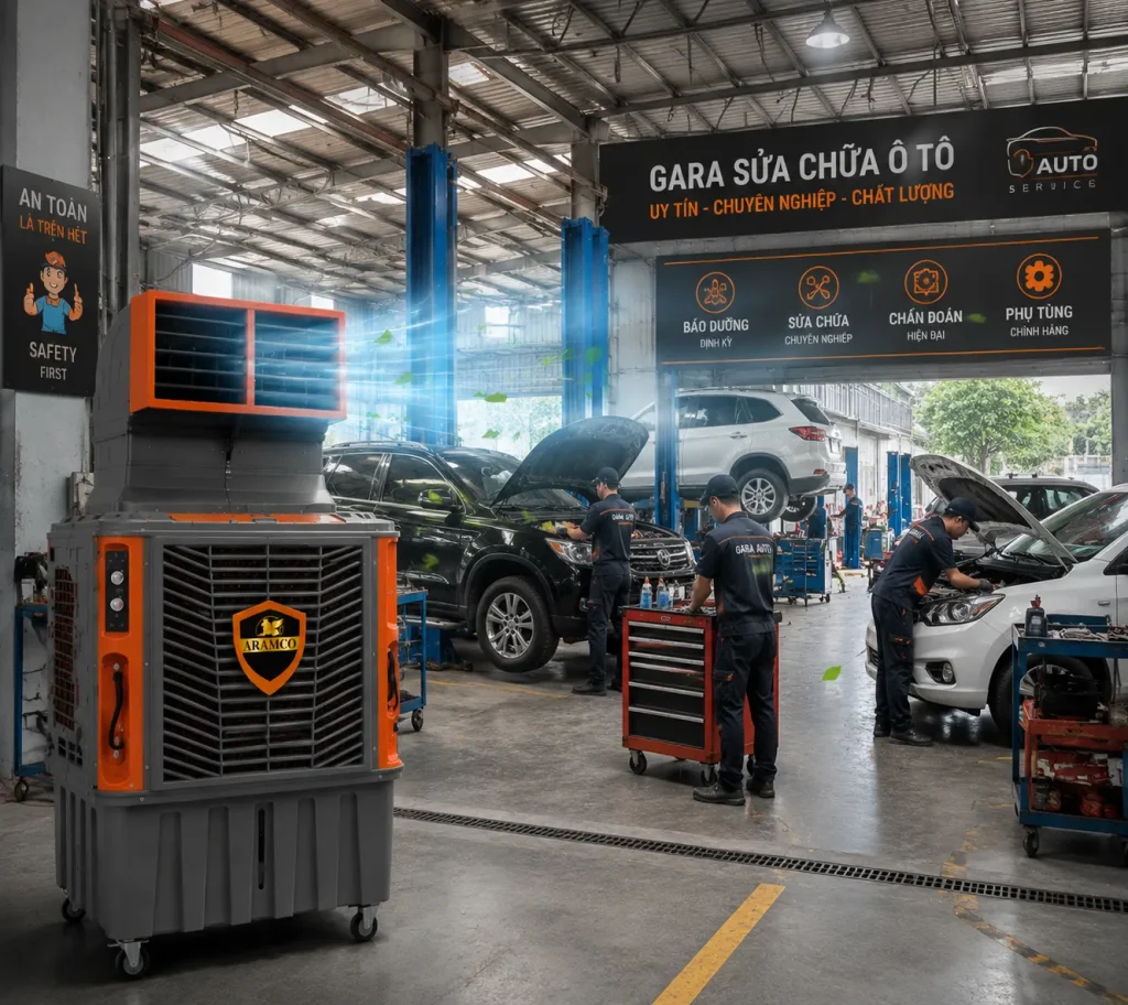 Làm mát hiệu quả cho gara ô tô, xưởng sửa chữa với môi trường nhiệt cao