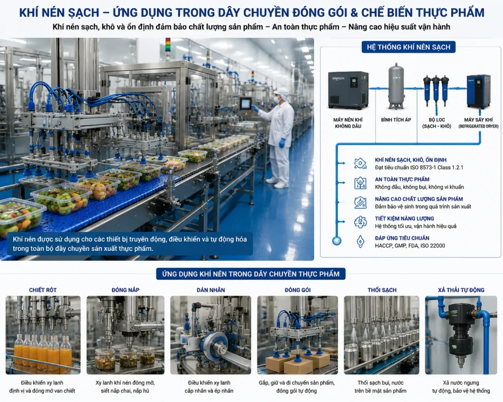 Khí nén sạch được sử dụng trong dây chuyền đóng gói và chế biến thực phẩm.