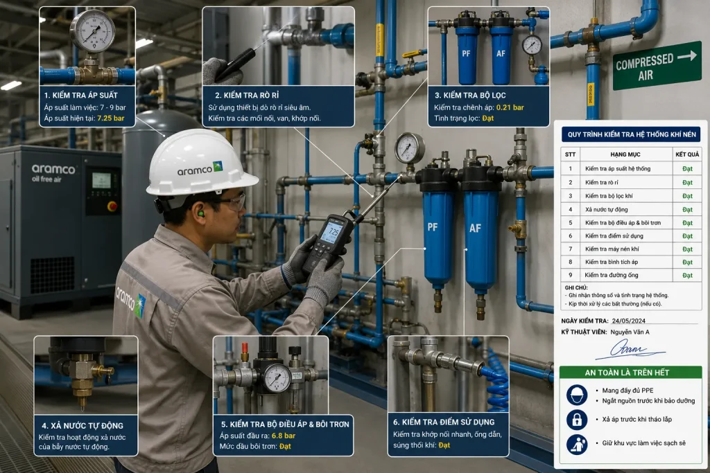 Kỹ thuật viên kiểm tra áp suất và lưu lượng khí sau khi lắp đặt hoàn chỉnh.