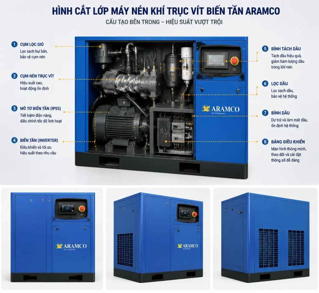 Cấu tạo tổng thể máy nén khí trục vít biến tần ARAMCO gồm đầu nén, motor, biến tần và hệ thống làm mát