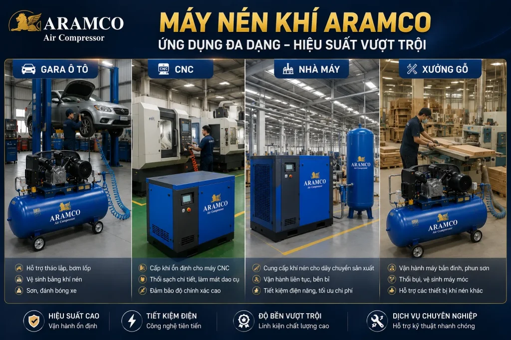 Giá Máy Nén Khí Mới Nhất 2026 | Báo Giá Chính Hãng 5 Máy nén khí ARAMCO được ứng dụng trong nhiều lĩnh vực sản xuất và dịch vụ.