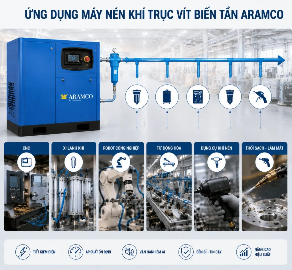 Ứng dụng máy nén khí trục vít biến tần trong dây chuyền sản xuất cơ khí và tự động hóa