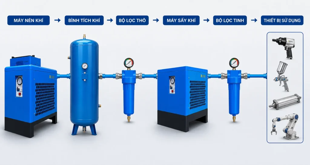 Vị trí máy sấy khí trong hệ thống khí nén tiêu chuẩn