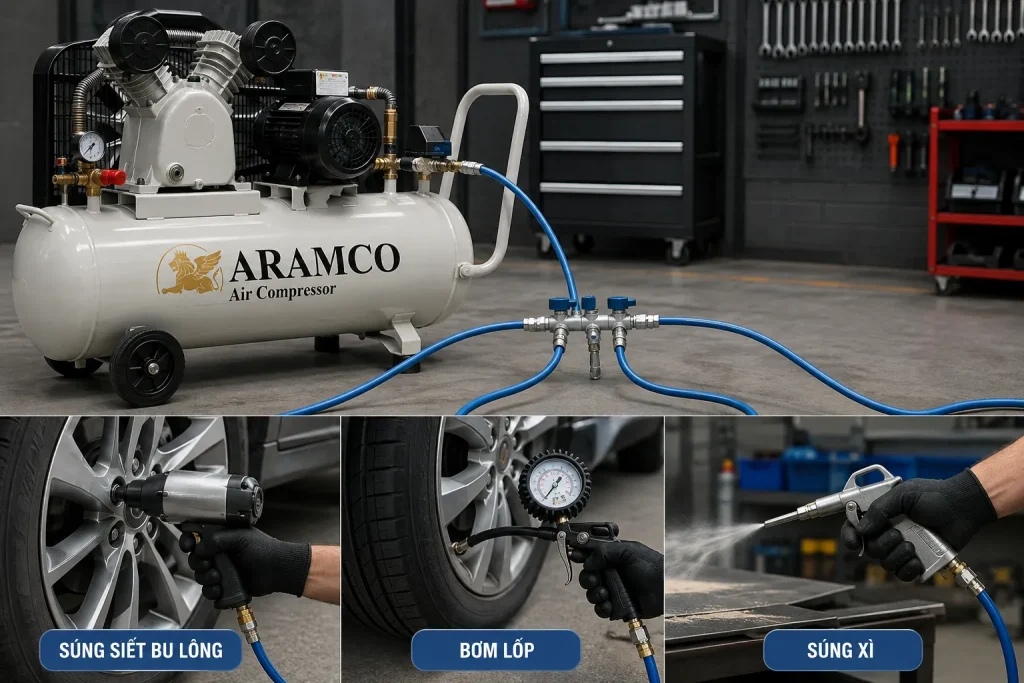 Máy nén khí cung cấp nguồn khí cho nhiều thiết bị và dụng cụ trong garage